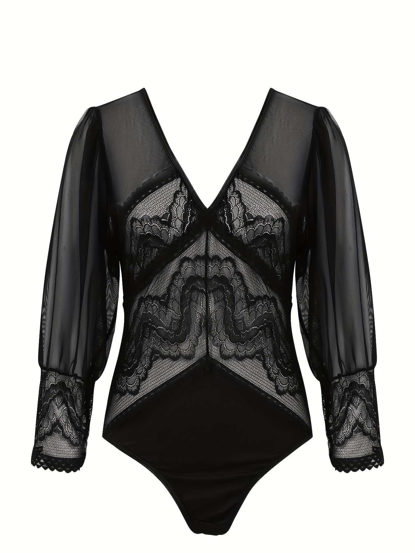 Sexy Lace Body Suit Black Plus Size Long Sleeves Bodysuit Transparent Women  Rompers Bodycon Sheer Mesh Bodysuit
