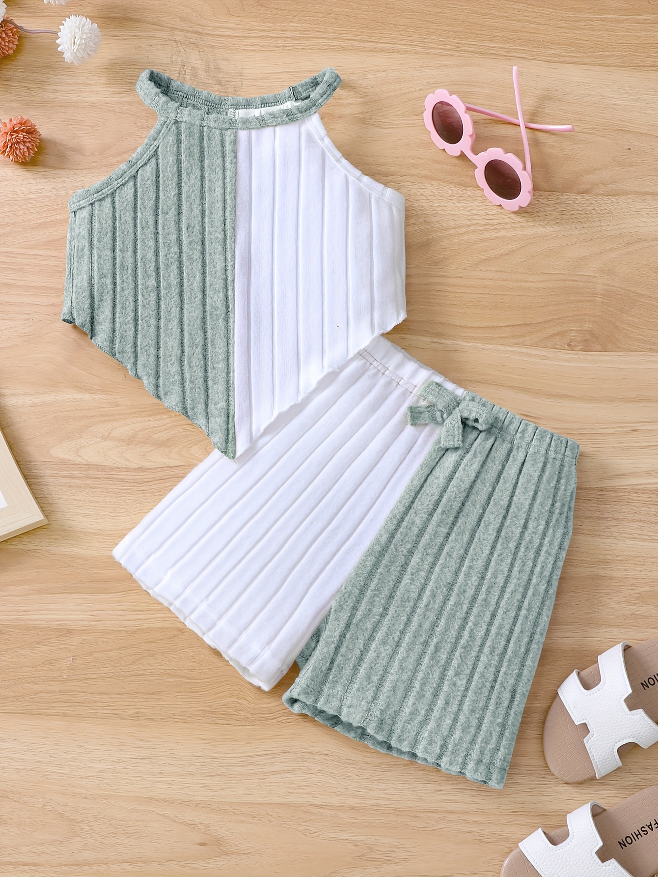 Girls 2pcs Summer Outfit Set, Knitted Polyester & Elastane, Solid Color Halter Neck Top with Bow Detail & Matching Shorts, Casual Fit for Playtime & Outings, for Outdoor
