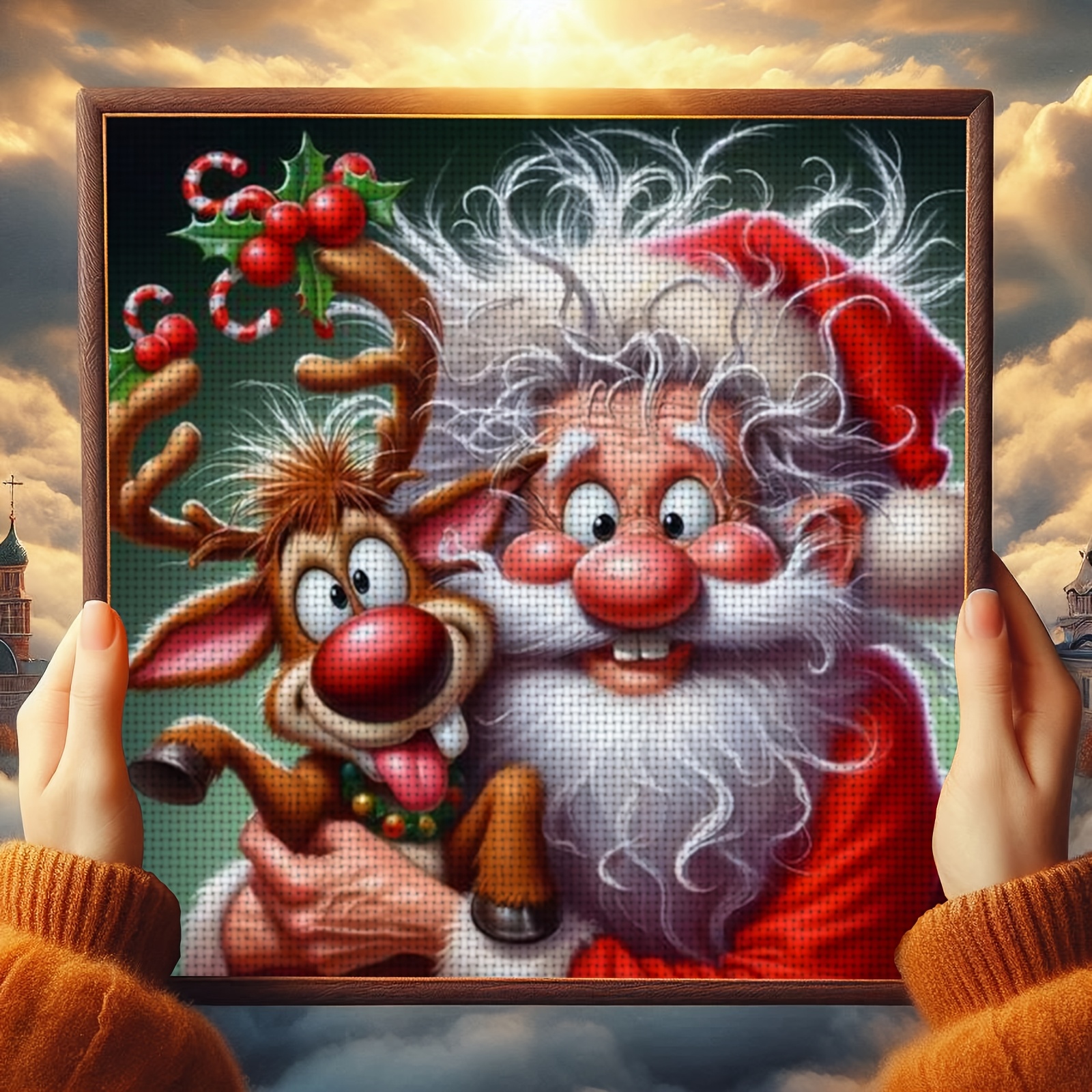 Cross Stitch Kit, Santa Claus with Reindeer Pattern for Beginners
