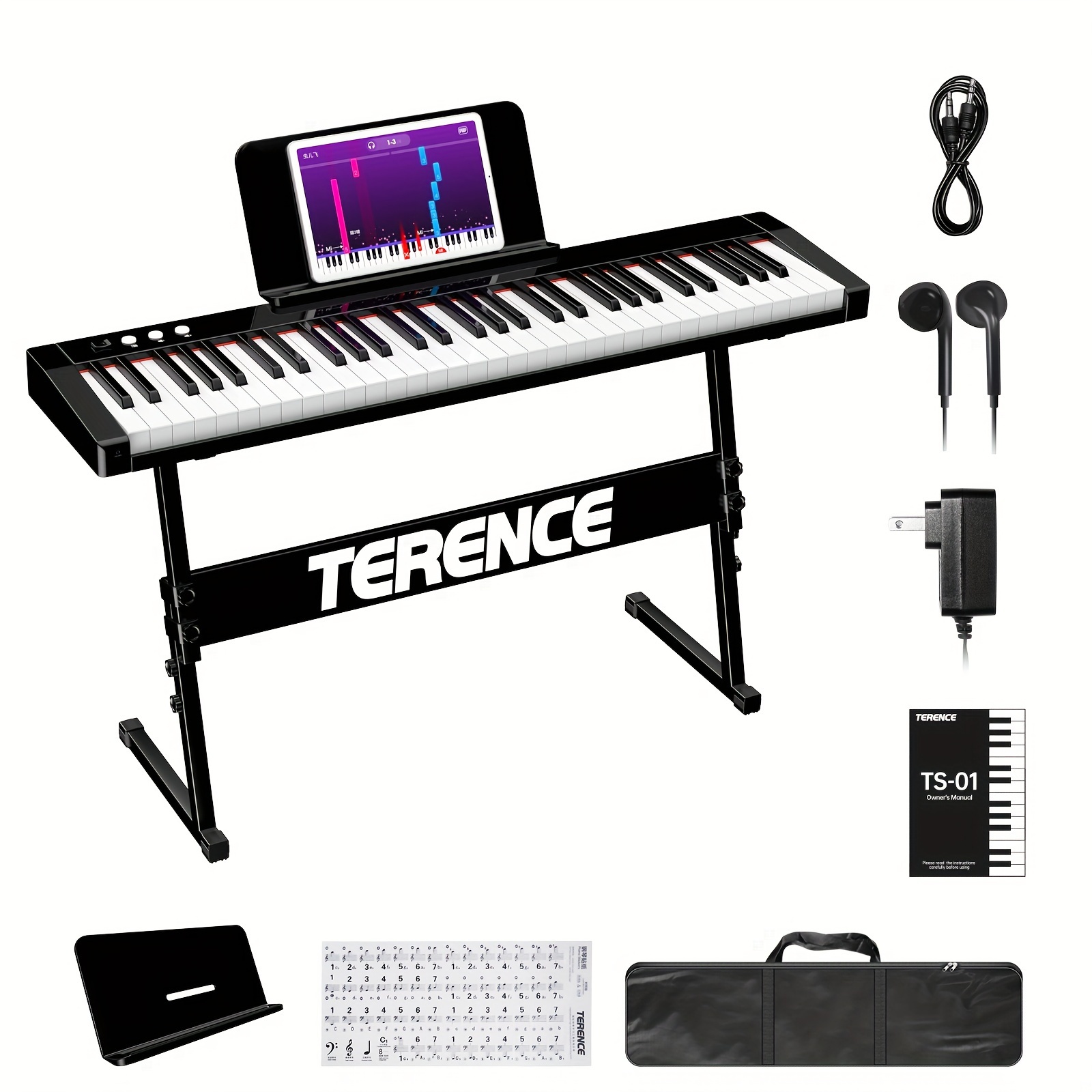 

Terence Keyboard Piano With 61 Semi-weighted Keys & 1800mah Battery Support Midi Usb Interface & Piano Application With Wireless Sheet Music Stand Sticker Bag Audio Cable Earphones