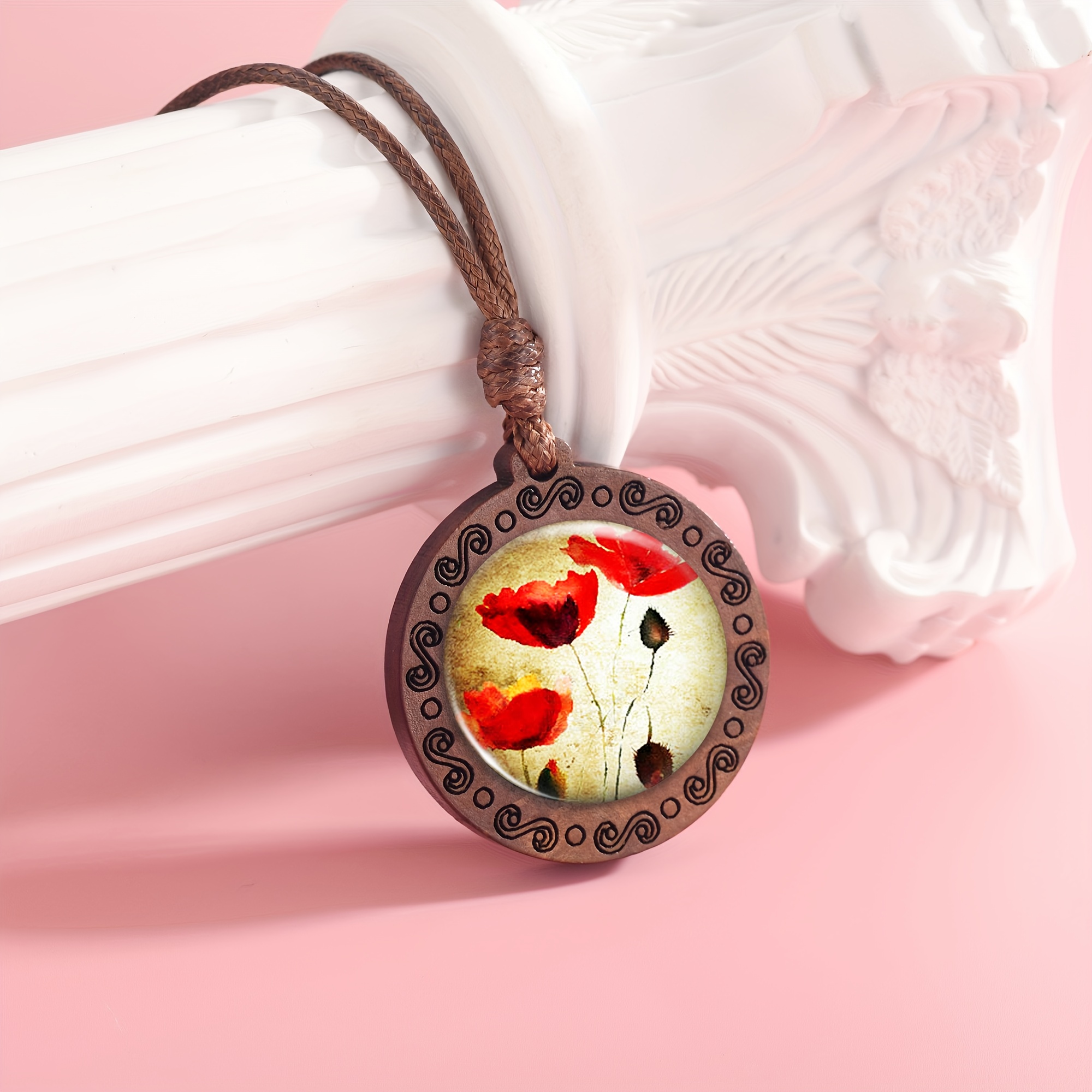 Handcrafted Wooden Round Pattern Necklace Pendant for Unisex