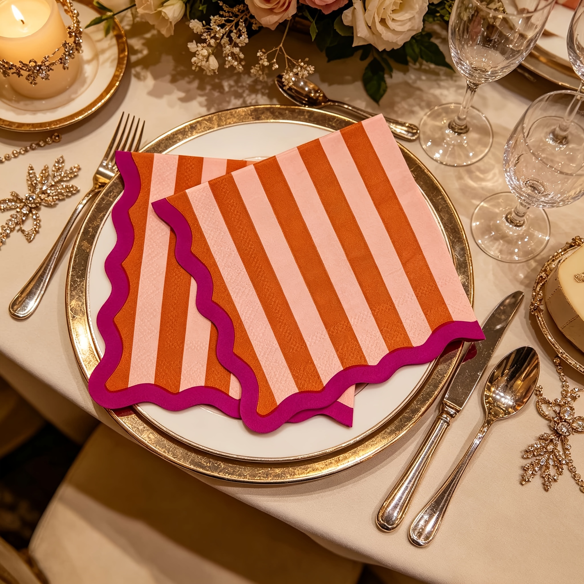 TEMU Lot de 20 serviettes imprimées à rayures contrastées rose-orange. Serviettes jetables à motif de dentelle ondulée. Convient pour les fêtes