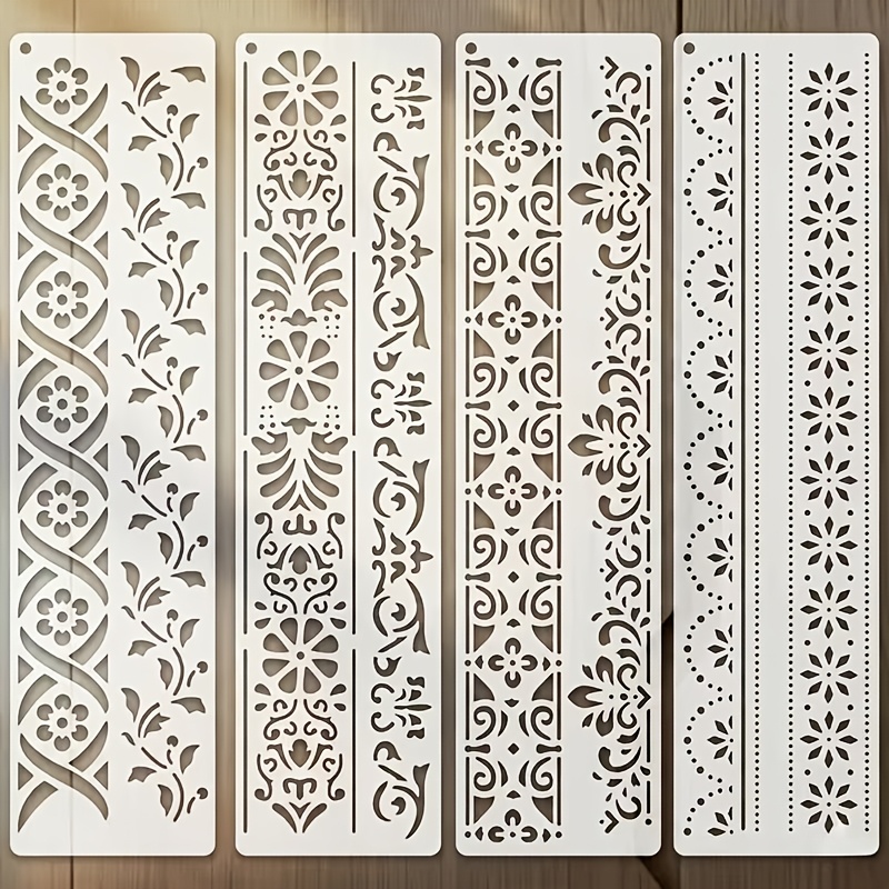 TEMU 4pcs Border Stencil Set, Reusable Floral Lace Painting Templates, Long Vertical Decorative Stencils For Wall Furniture Floor Fabric Tile Wood
