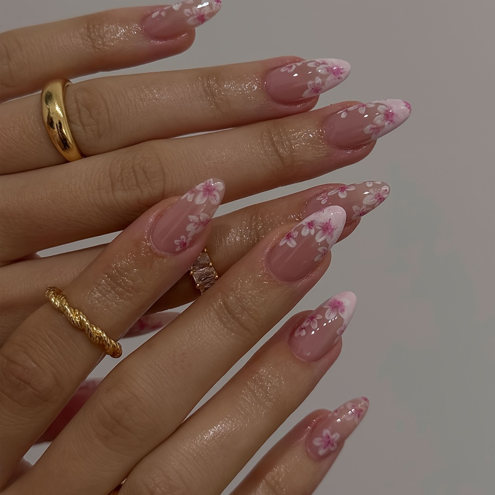 TEMU 30pcs Medium-long Almond Press-on Nails, Nude Translucent Pink Base With Hand-painted Cherry Design, Exuding Gentle Spring Vibes And Pure