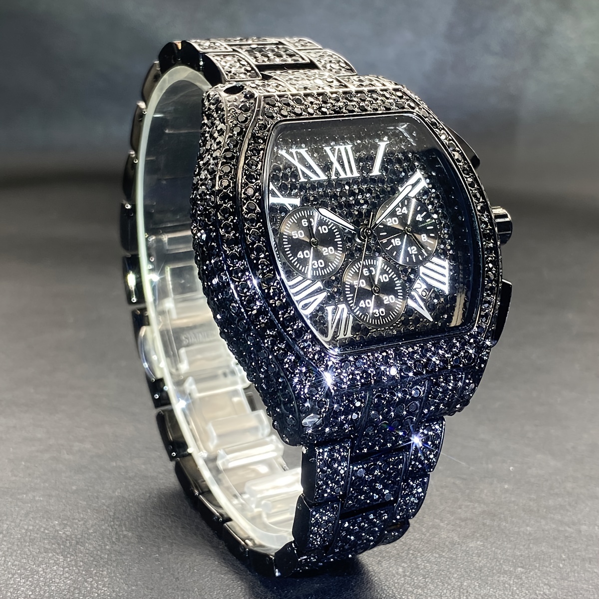 Reloj de cuarzo para hombre MISSFOX con diamantes de imitación, cronómetro estilo fiesta con caja y correa de aleación de zinc no impermeable, esfera electrónica en forma de barril, reloj deportivo de hip hop con pantalla de puntero