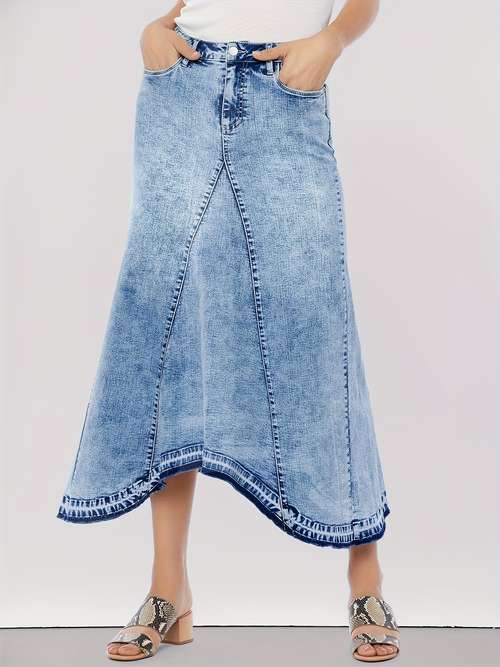 Women's Juniors Denim Flare Bottom Tiered Maxi Skirt - High Rise Stretch Blue