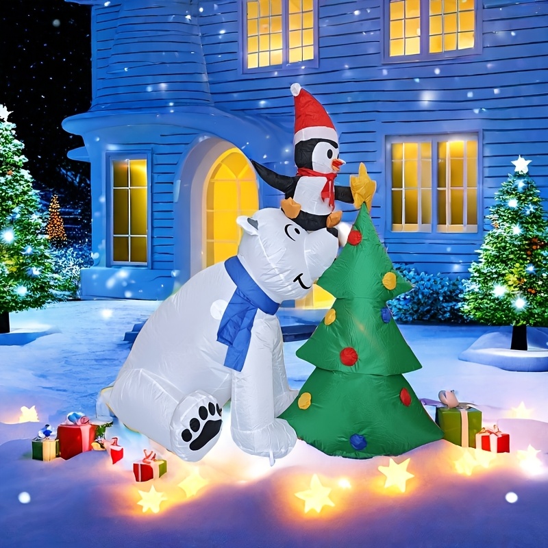 

1pc Inflatable Outdoor Christmas Decoration, Polar Bear With Penguin And Tree, Led Lights, 120v, Us Plug, Freestanding Holiday Yard Display