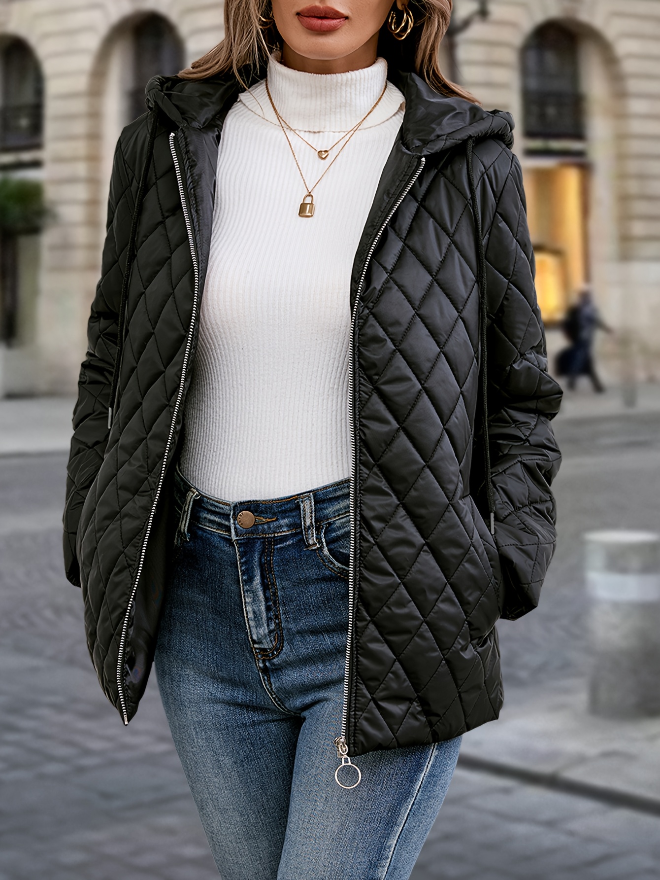 Elegant Middle Eastern-Inspired Women's Lightweight Quilted Jacket Olive  Green Hooded Coat with Padded Shoulders, Machine Washable Spring/Fall Outer