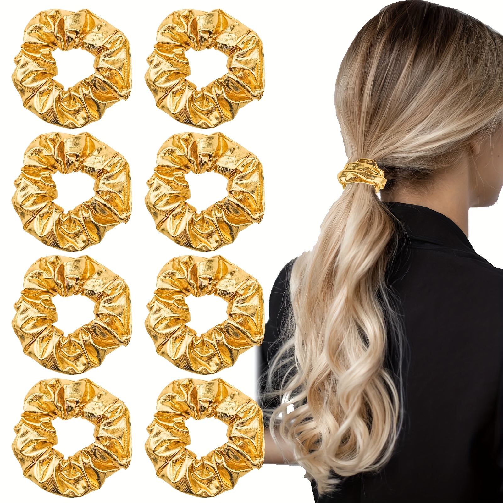 Image of 8pcs Golden Cheer Hair Scrunchies, Golden School Performance Hair Ties Bracelet Gilding Ponytail Holder Elastic Accessories For Cheerleading Teen College Sports