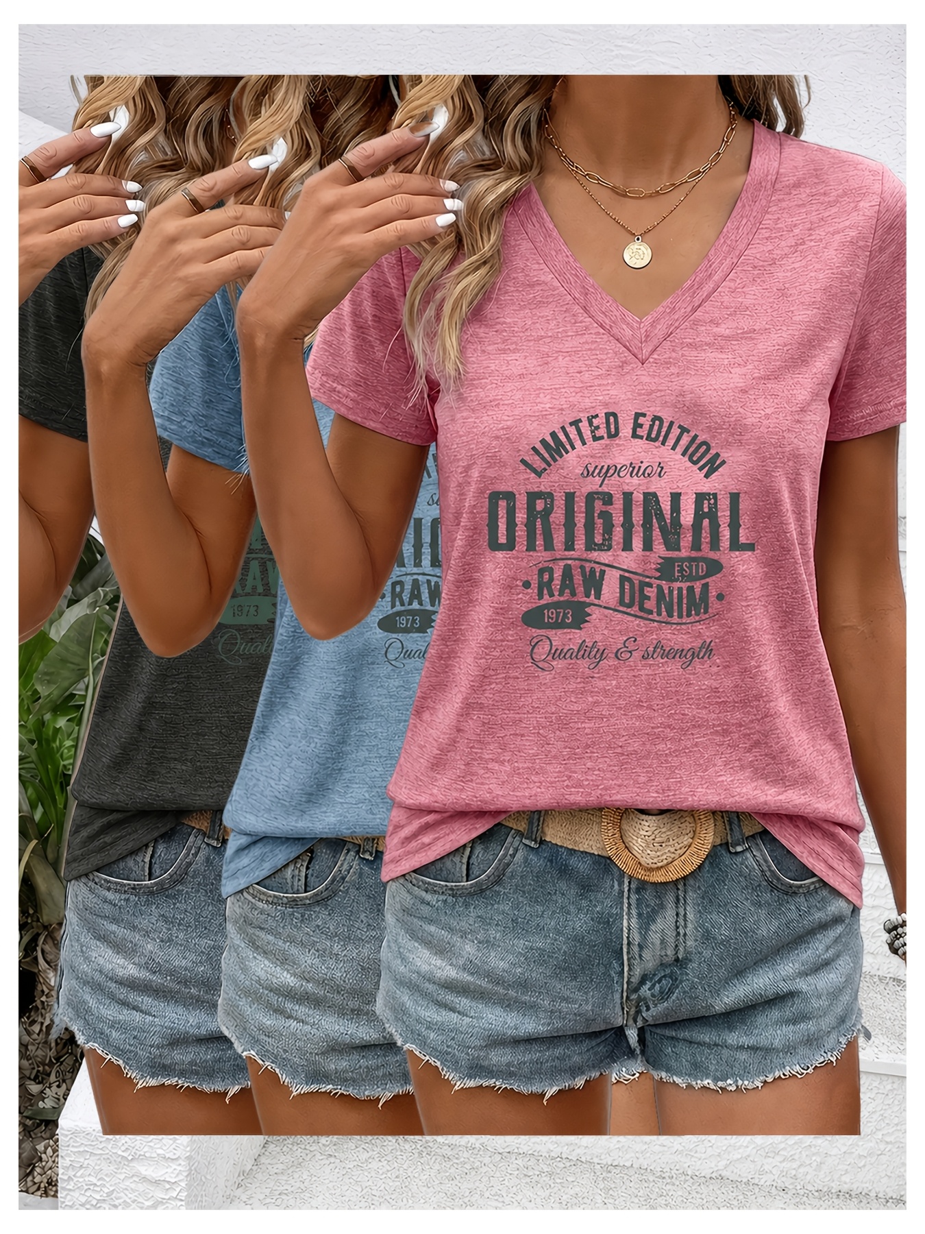 3pcs Set V-Neck Short-Sleeve T-Shirts, ORIGINAL Retro Distressed Letter Print, Soft And Skin-Friendly Fabric, Practical Top For, Machine Washable