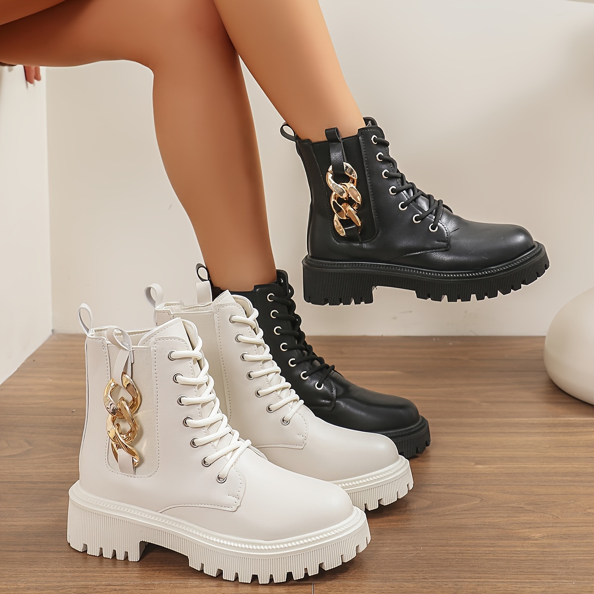 Botas elegantes de media pantorrilla para mujer con de cadena, tacón de  plataforma con cordones y punta redonda, color calzado