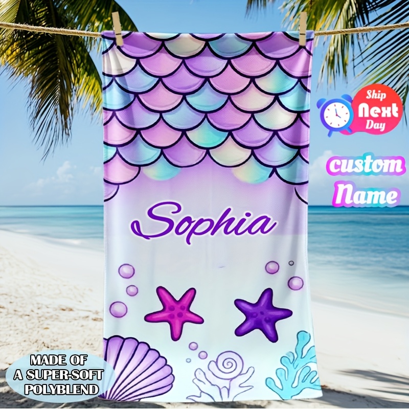 TEMU Personalized Custom Name Beach Towels, Mermaid Pattern Cartoon Beach Towels, Cute Pool Towels, Soft, Absorbent, Quick-drying 100% Polyester,
