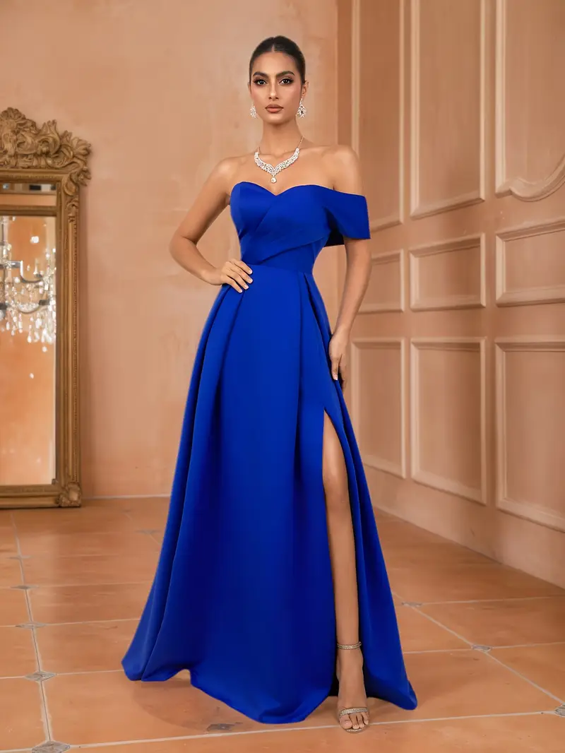 holiday prom dresses Off-the-Shoulder Long Prom Dress with Glitter Print Gold Mist / Small
