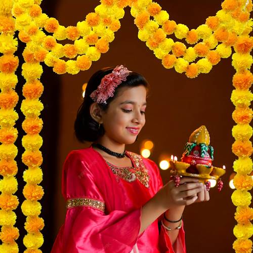 4 pack marigold garland for decoration 5ft long faux artificial marigold flowers strings diwali indian home wedding party mantle decor for pooja halloween easter