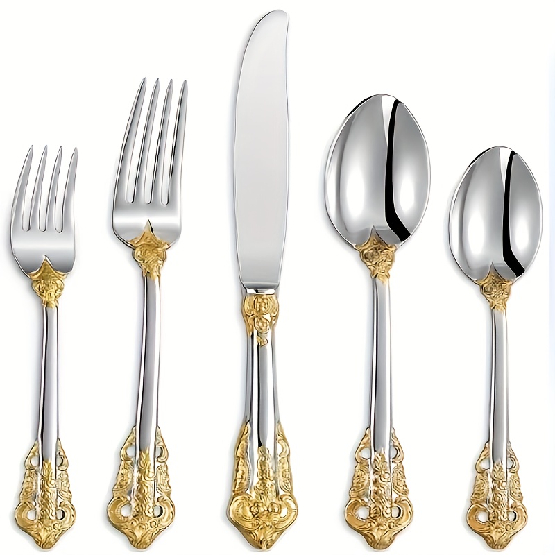 

20 Piece Stainless Steel Tableware Set, Serving 4 People, Silver Plated Decorations, Exquisite Set And Dishwasher Safe (gold Decoration)