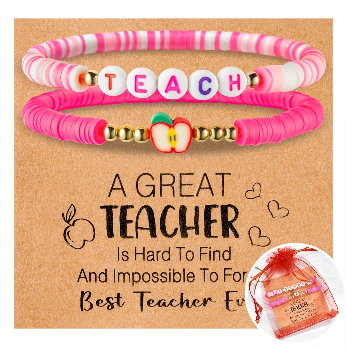 

2pcs Teacher Bracelet Soft Ceramic Stacking Bracelet Adjustable Starting Season Graduation Season Teacher Appreciation Gift Christmas Thanksgiving End Of Year Teacher's Gift With Card And Gift Bag