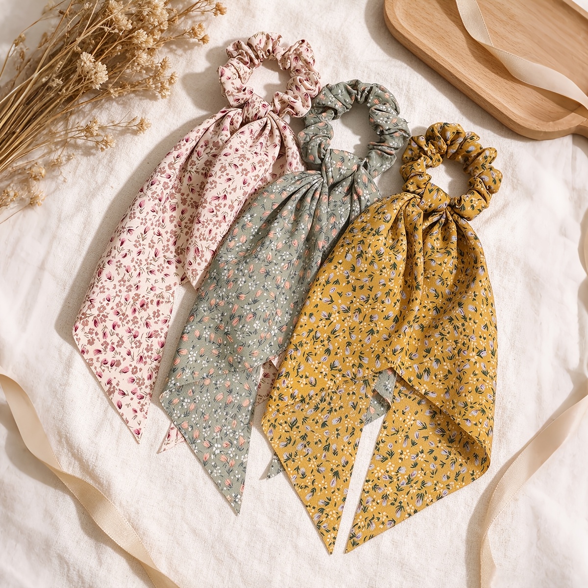 Image of 3pcs Floral Print Hair Ties Elegant Ribbon Scrunchies
