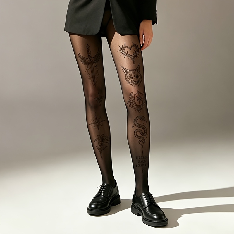 TEMU 1pc Collant Imprimé Motif Tatouage Personnalisé Noir Mince Transparent Bas Décoratifs Design Niche