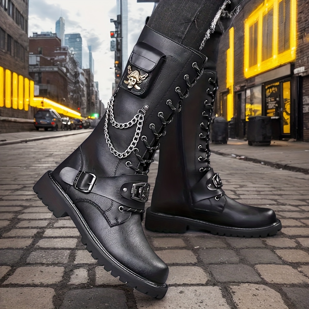 1pr mens boots street style punk rock lace up zipper combat