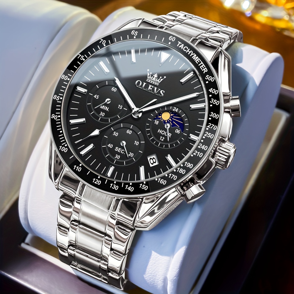 Image of Olevs Chronograph Watches For Men Business Dress Quartz Stainless Steel Moon Phase Big Face Luminous Date Classic Mens Wrist Watches Reloj Para Hombre Black/blue/rose Golden