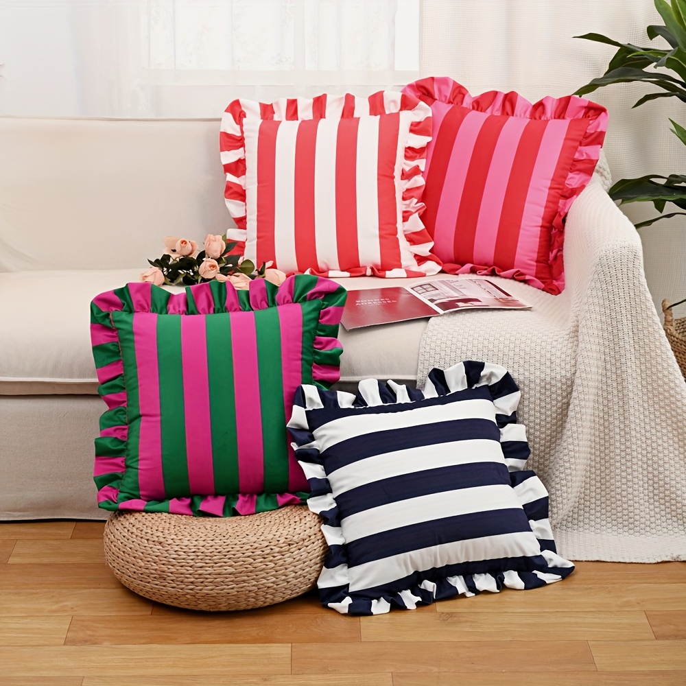 1 funda de almohada a rayas de terciopelo holandés, funda de almohada decorativa de doble capa con volantes sin relleno de almohada, colores vibrantes para el salón, sofá, área de ocio y acento