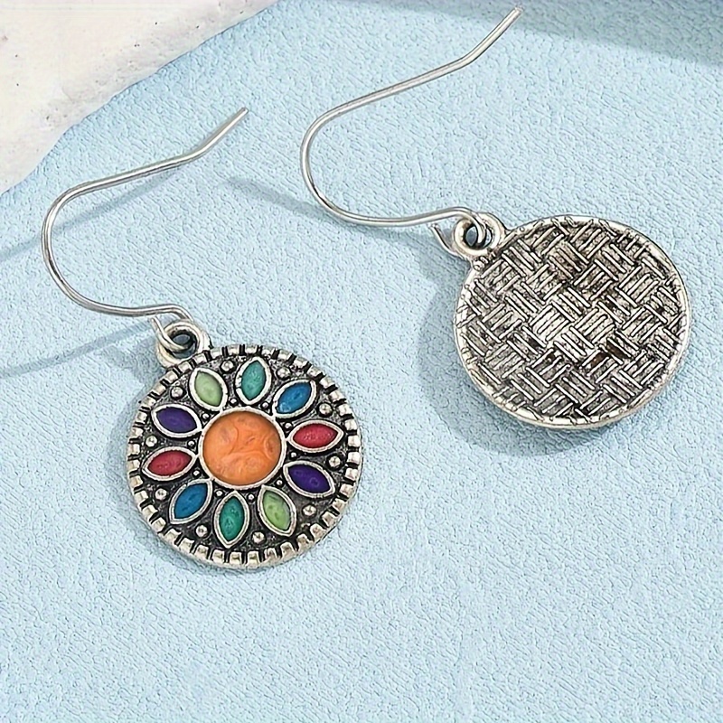 Vintage Round Oil Drop Flower Dangle Earrings For Women, Alloy & Copper Earring Set, Retro Elegant Jewelry For Daily Wear details 2