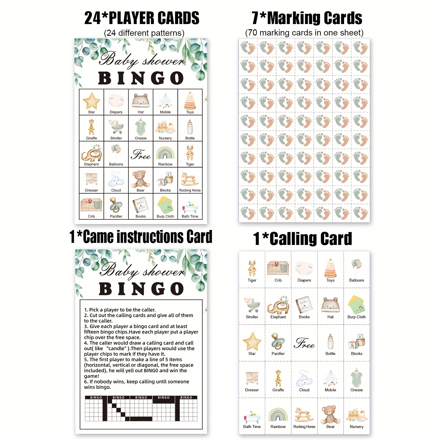 Image of 33pcs Set For A Shower Bingo Game, Suitable For 24 Participants, Perfect For A Gender Reveal Or Neutral Shower, Featuring A Greenery Theme, A Fun Activity For Gifts For Halloween、christmas