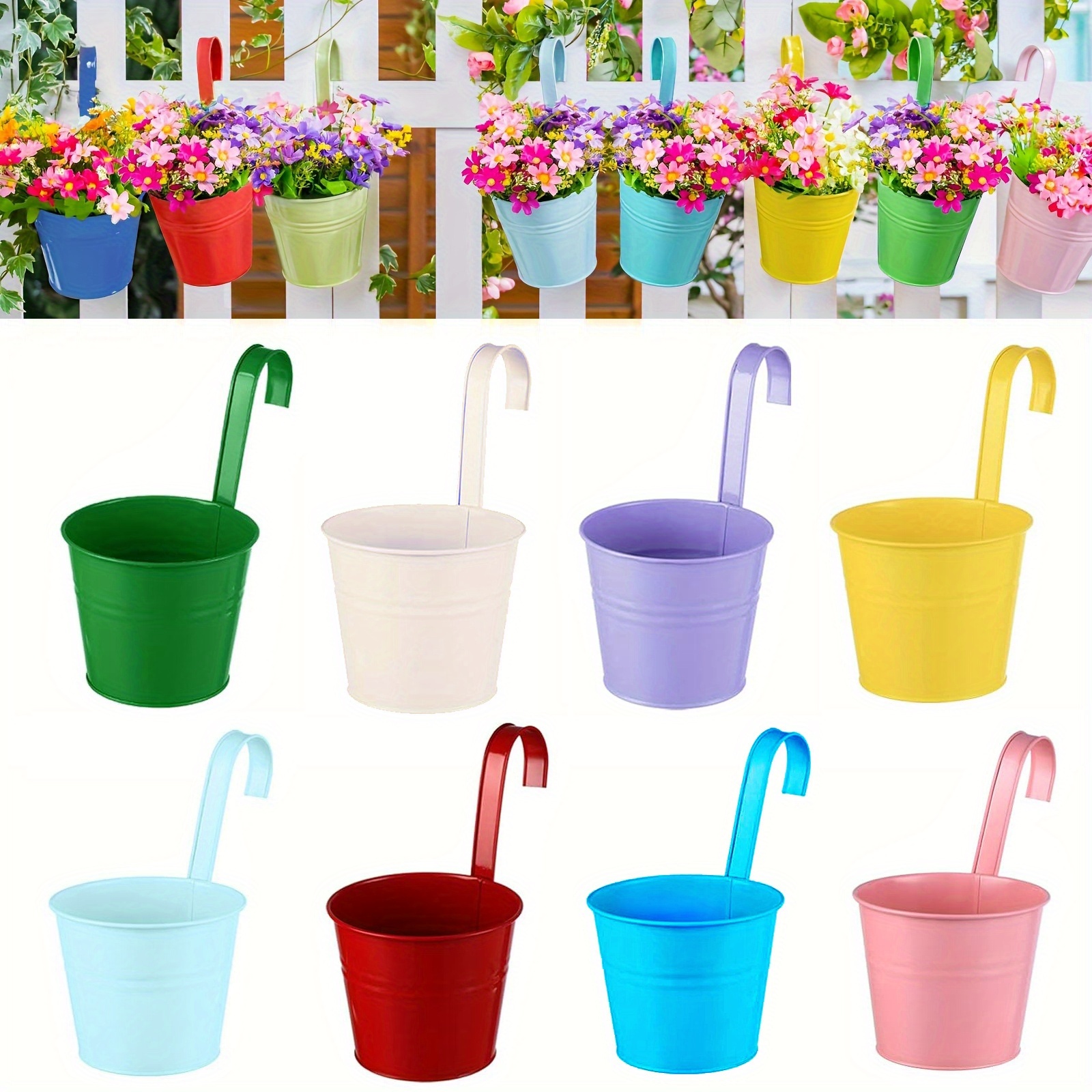 8pcs Metal Iron Hanging Flower Plant Pots, Balcony Garden Planter Baskets, Fence Bucket Pots, 4'' Flower Holders With Detachable Hook, Christmas Flowerpot Decorations