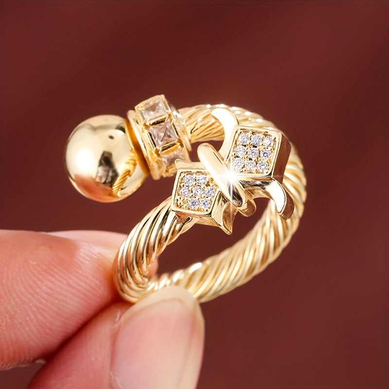 Adjustable Golden Ring with Sparkling Zirconia Accents