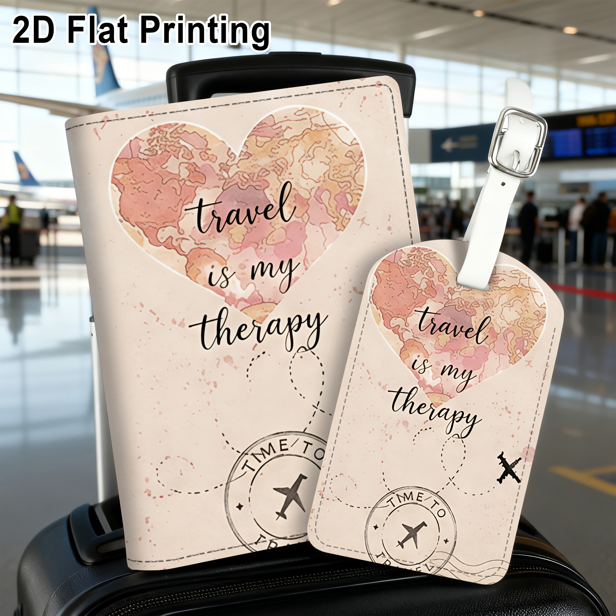TEMU 2pcs Set Vintage Watercolor Map Travel Is Airplane Passport Holder Luggage Tag(2d Flat Printing),lightweight Pu Material,suitable For Travel