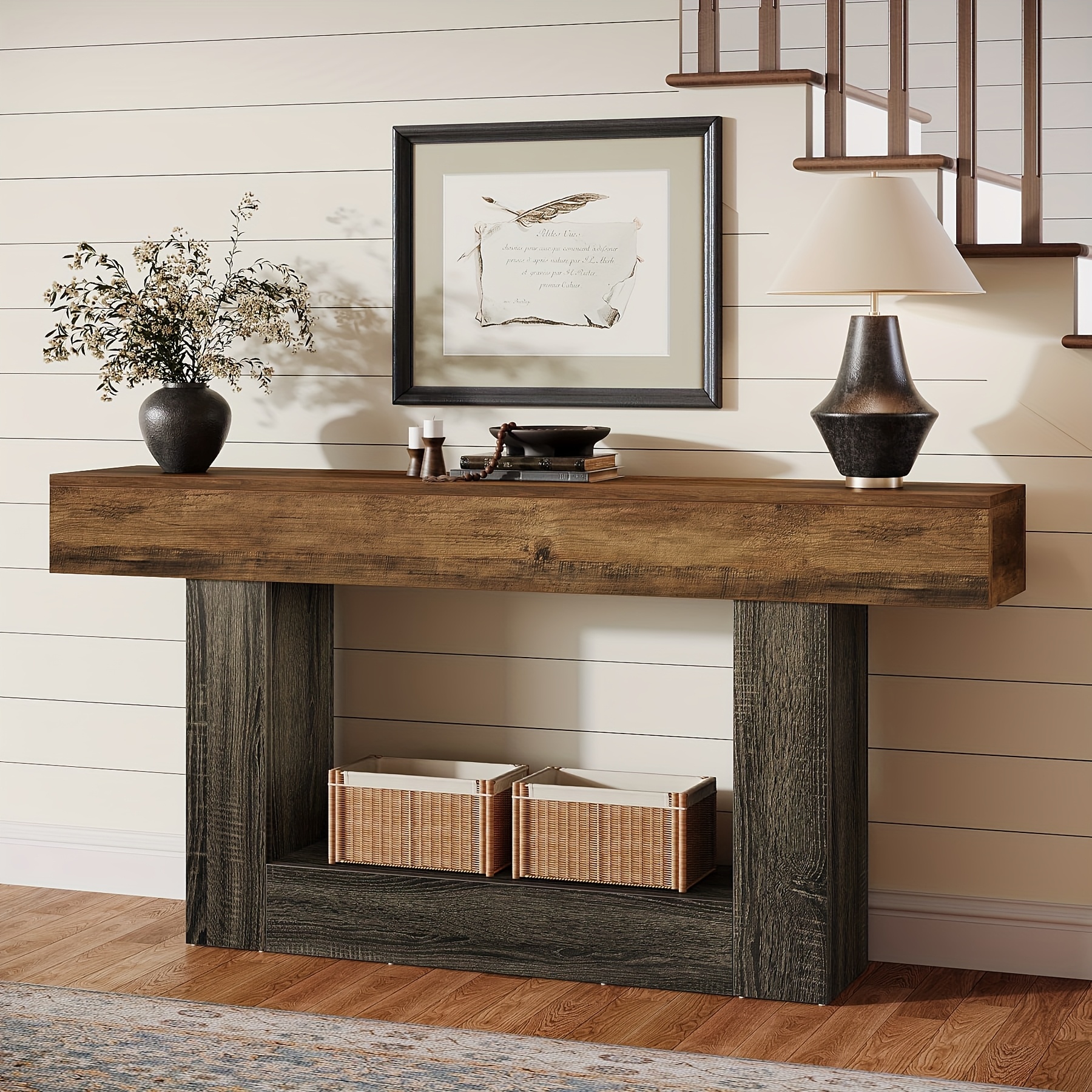 Image of Console Table, Farmhouse 2-tier Entryway Table With U-shaped Base, Narrow Long Wood Sofa Table Behind Couch Table For Living Room, Hallway, Foyer, Ladder Racks, Storage And Organization