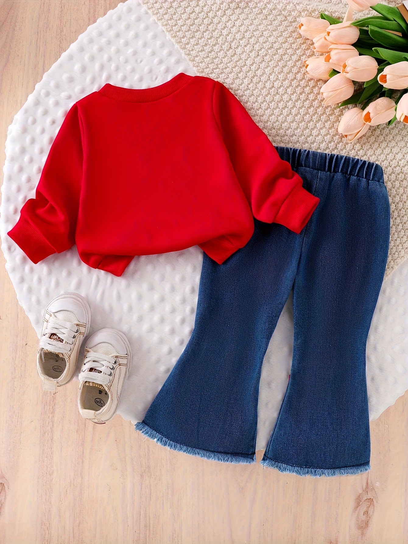 2pcs set baby girl casual long sleeve crew neck sweatshirt with bow decoration and   flared jeans with bow detail fabric   stretch solid   for   for outdoor Product details 0