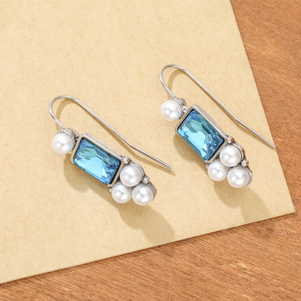 French-Style Women's Pendant Earrings with Blue Synthetic Zirconia