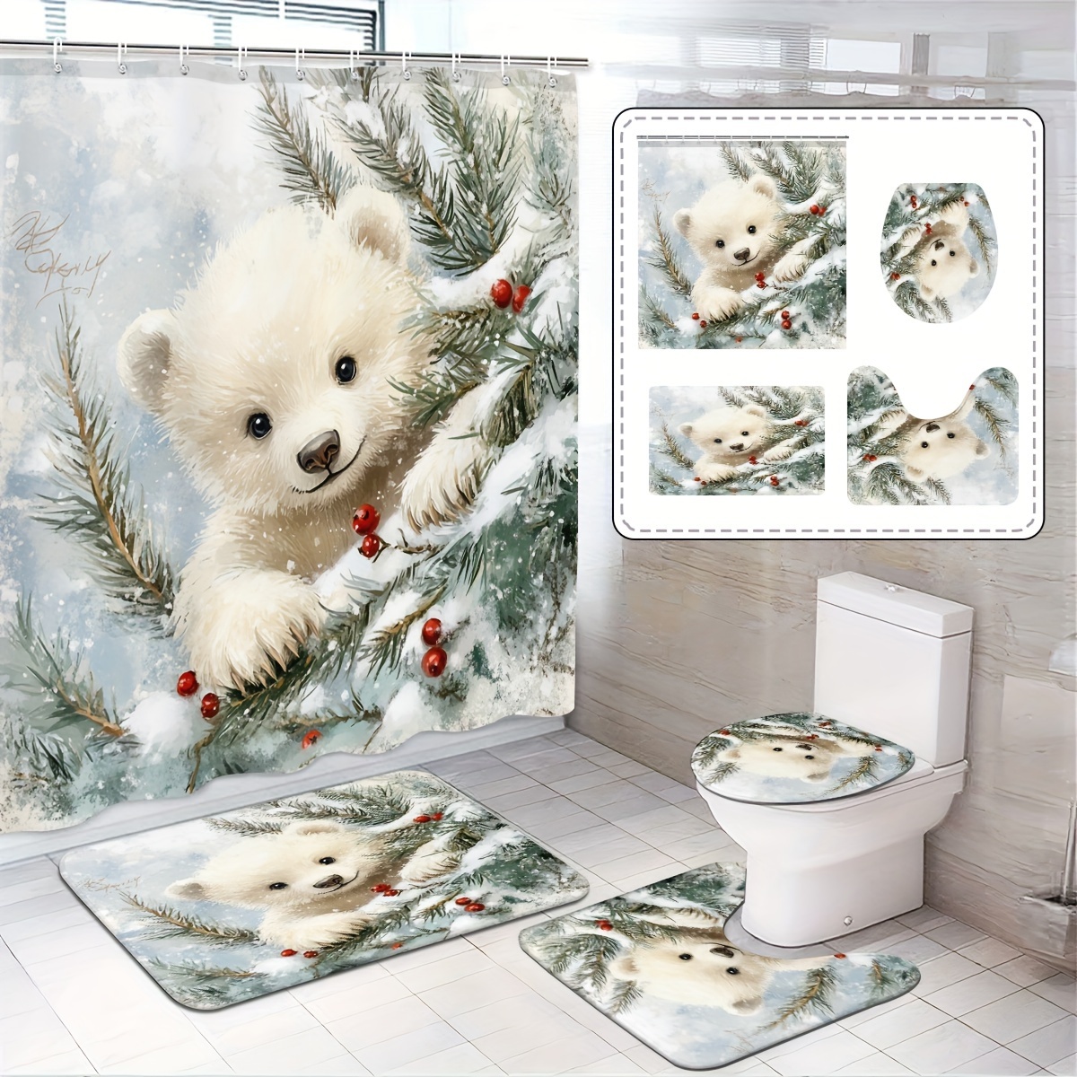 

Christmas Decoration Shower Curtain Bathroom Set - Machine Washable, With 12 Hooks, Including Toilet Seat Cover And Bathtub Mat 1pc/3pcs/4pcs Optional