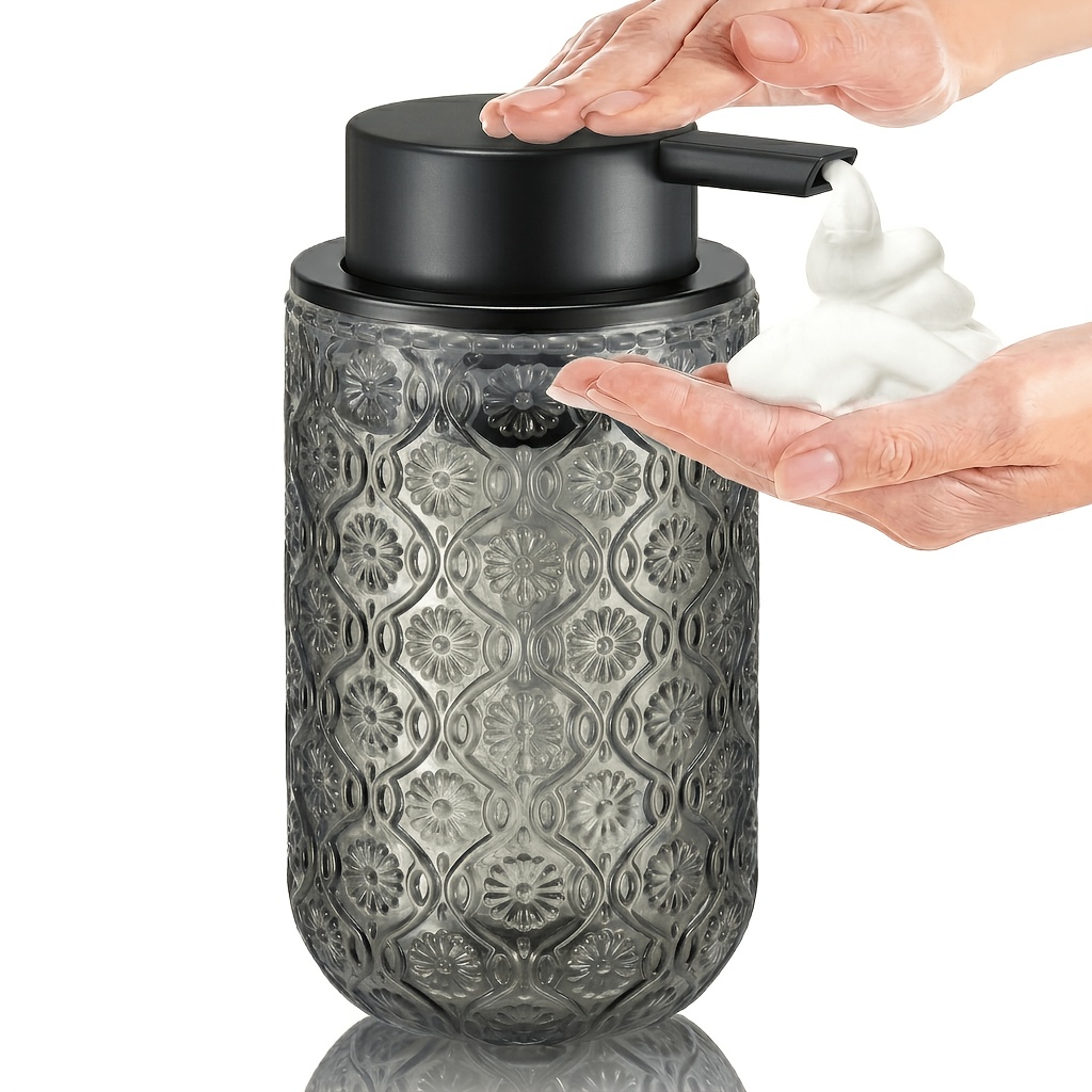 TEMU Foam Soap Dispenser, Thickened And Weighted Glass Bottle With Black Foam Pump Head, Refillable. Suitable For Bathroom And Kitchen