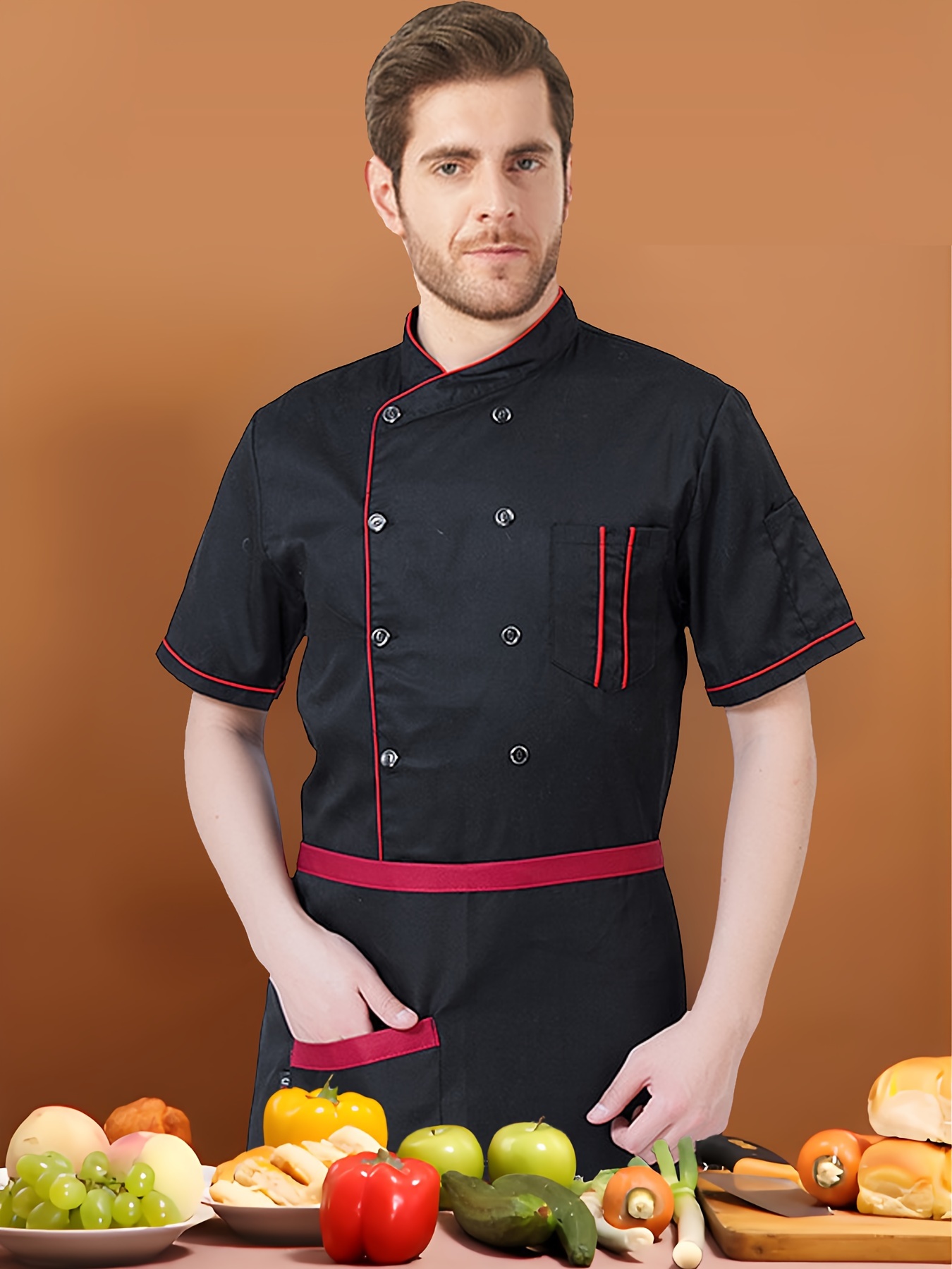 mens chef uniform short sleeve   waiter work shirt mens   double breasted jacket shirt for adults in   black 0