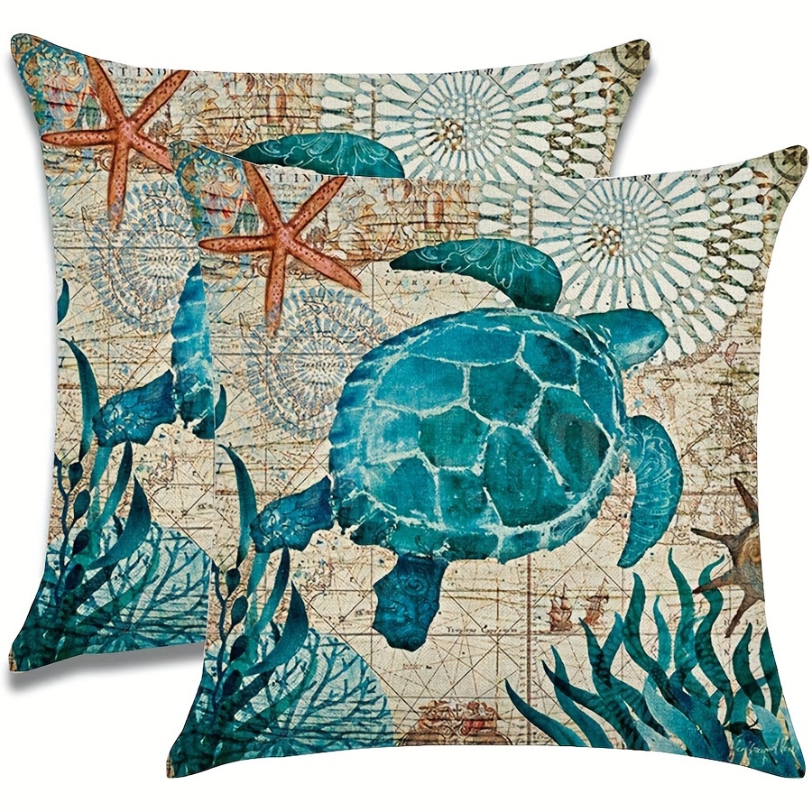 

2pcs Ocean Themed Turtle Pillowcases, 17.72x17.72 Inch, Coastal Style Home Decor, Courtyard Sofa Cushion Covers Without Pillow Insert