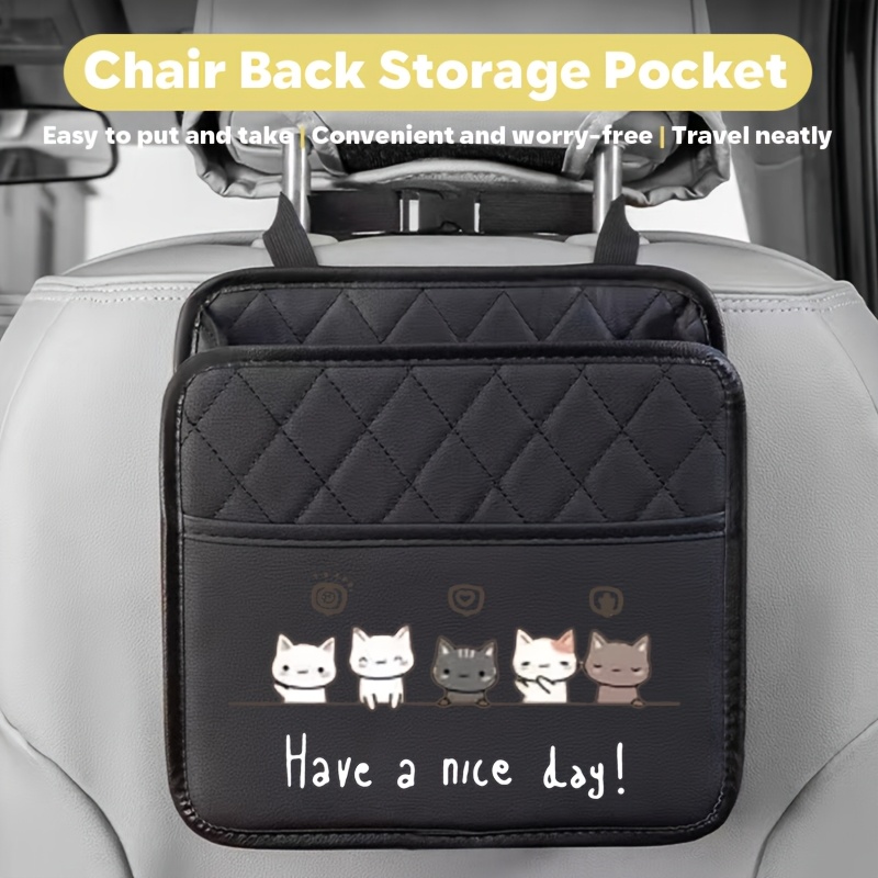 TEMU Car Seat Backrest Storage Bag, Printed Faux Leather Style, Waterproof And Stain-resistant, Extra Large Capacity, Car Seat Organizer, Automotive