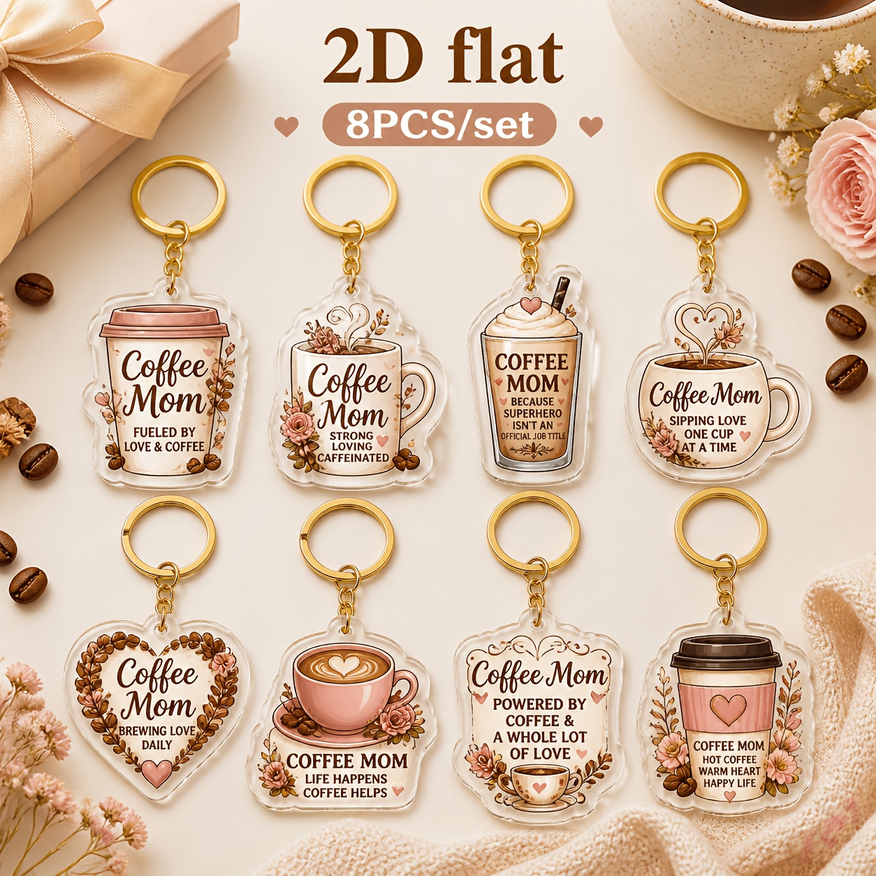 TEMU 2d Flat 8-pack Inspirational Coffee Mom Quotes Transparent Acrylic Keychains Heart-shaped Flower Key Rings Bag Charms, Gift, 2d Flat Design