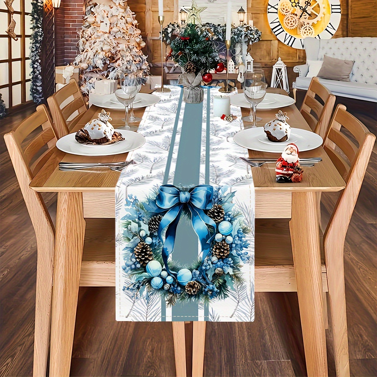 

1pc Polyester Table - Rectangular Christmas Wreath And Bow For Dining Decor, , Sideboard, Table Mat, Decorations, Parties