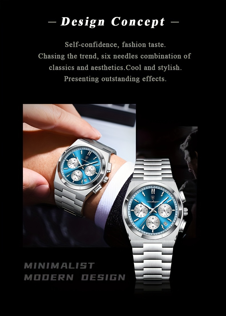high end business luxury stainless steel quartz watch mens waterproof luminous calendar chronograph wristwatch details 1