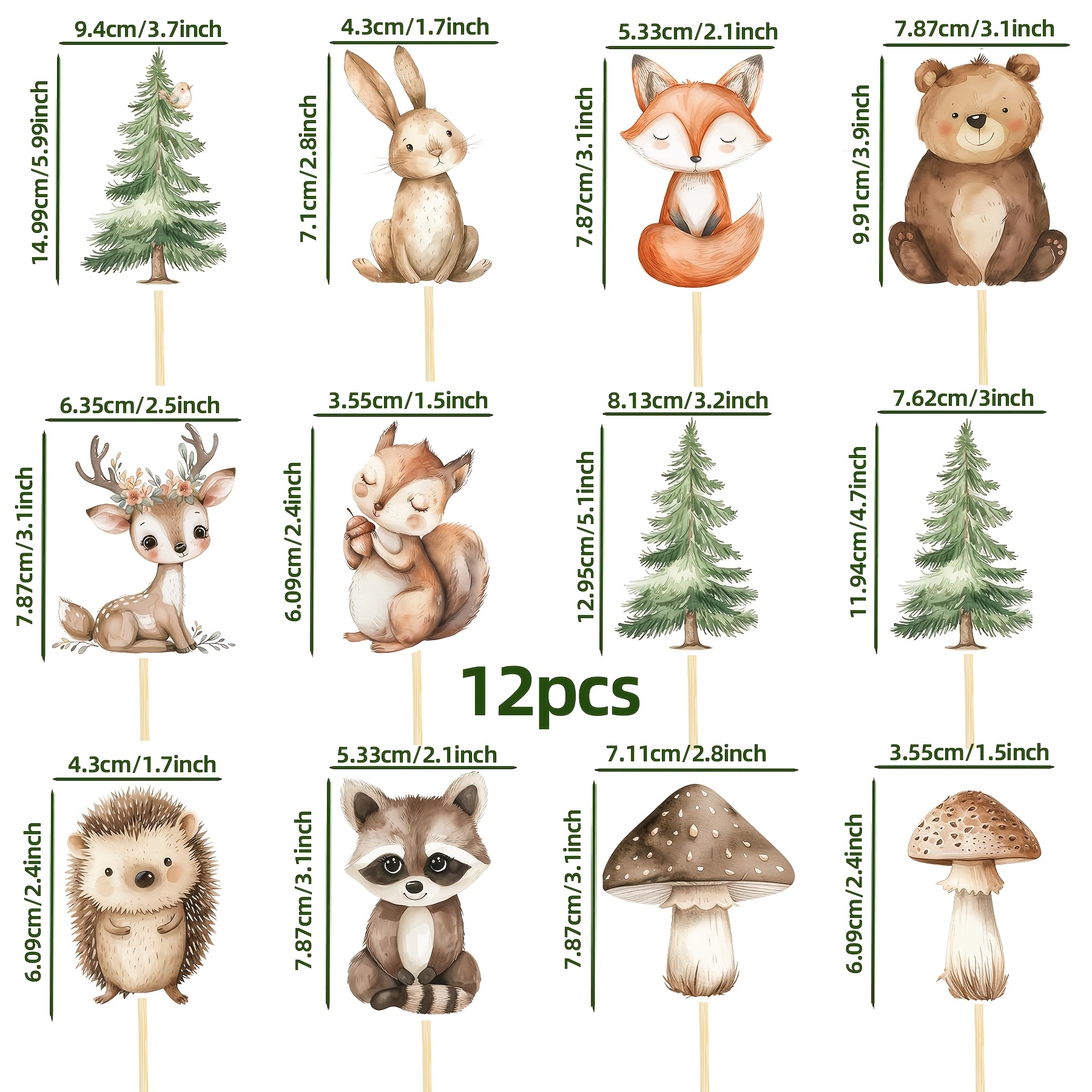 Image of 12-pack Forest Animal Cupcake Toppers, Pine Wood, Rabbit, Hedgehog, Squirrel, Bear, Deer, Mushroom, Forest Animal Party Cake Toppers，halloween，christmas