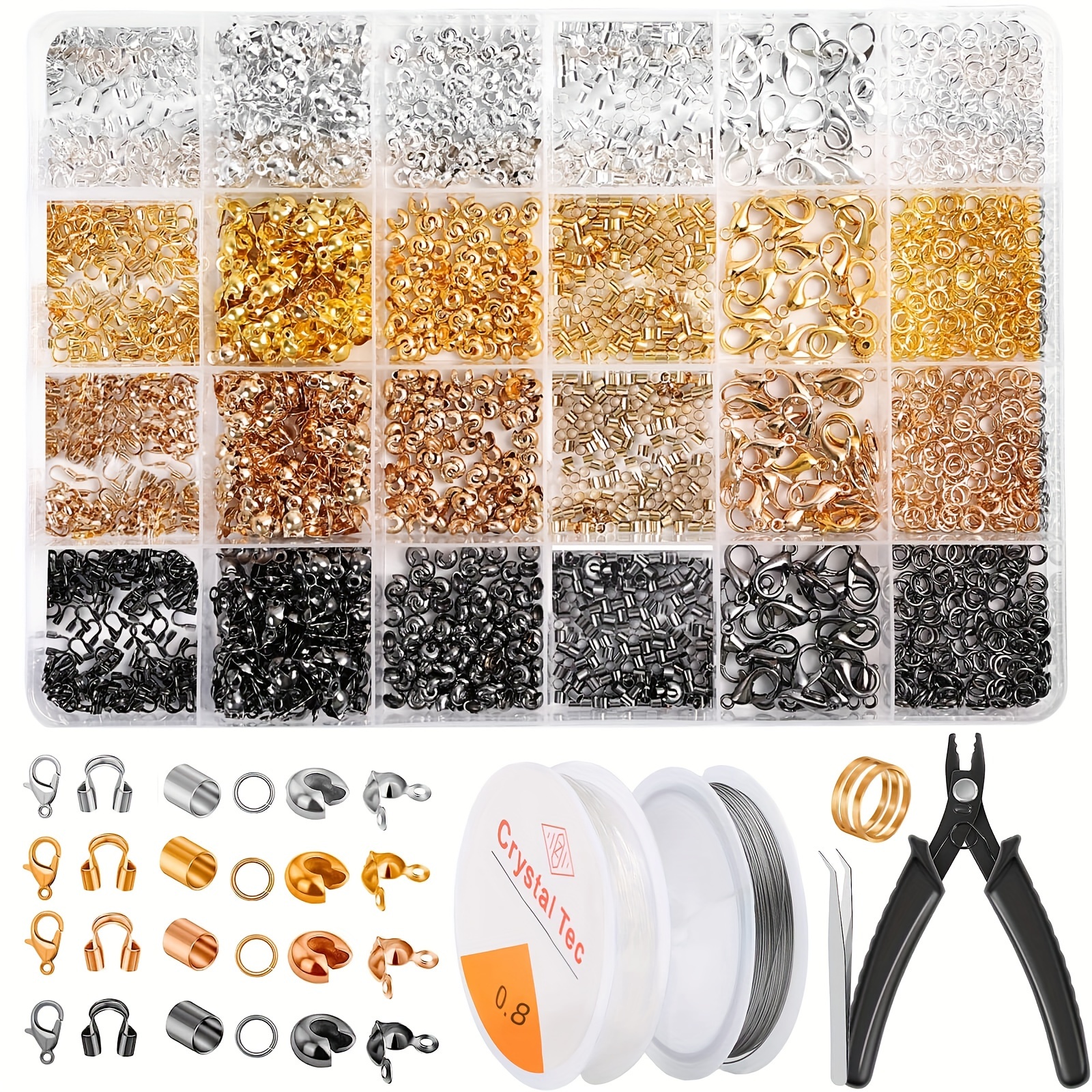 

2160/2120/1800pcs Crimp Beads Kit For Jewelry Making, Knot Covers, Crimp Bead Covers, Crimp Tubes, Jump Rings And Wire Guardians With Crimping Pliers, String For Bracelets Necklaces Making