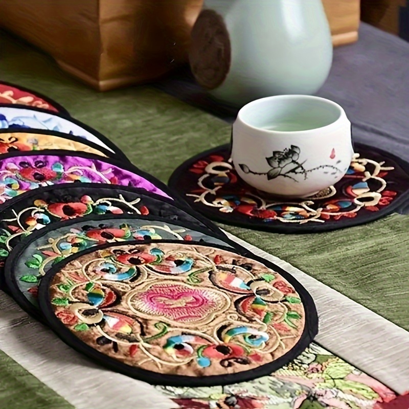 

6-piece Set Of Embroidered Linen Coasters - Heat-resistant Dining Table Mats For Meals & Coffee, Perfect For Home, Restaurants & Cafes