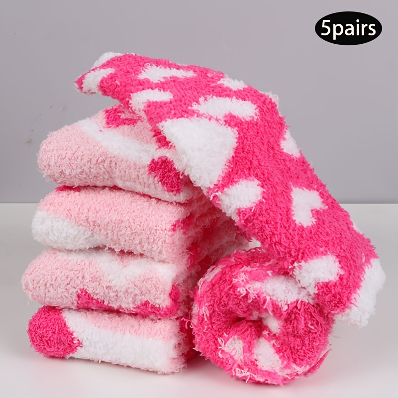 TEMU 5 Pairs Coral Fleece Socks For Winter Thick Warm Mid-calf Socks Sweet Heart Cartoon Cute Sleep Socks Women's Home Floor Socks
