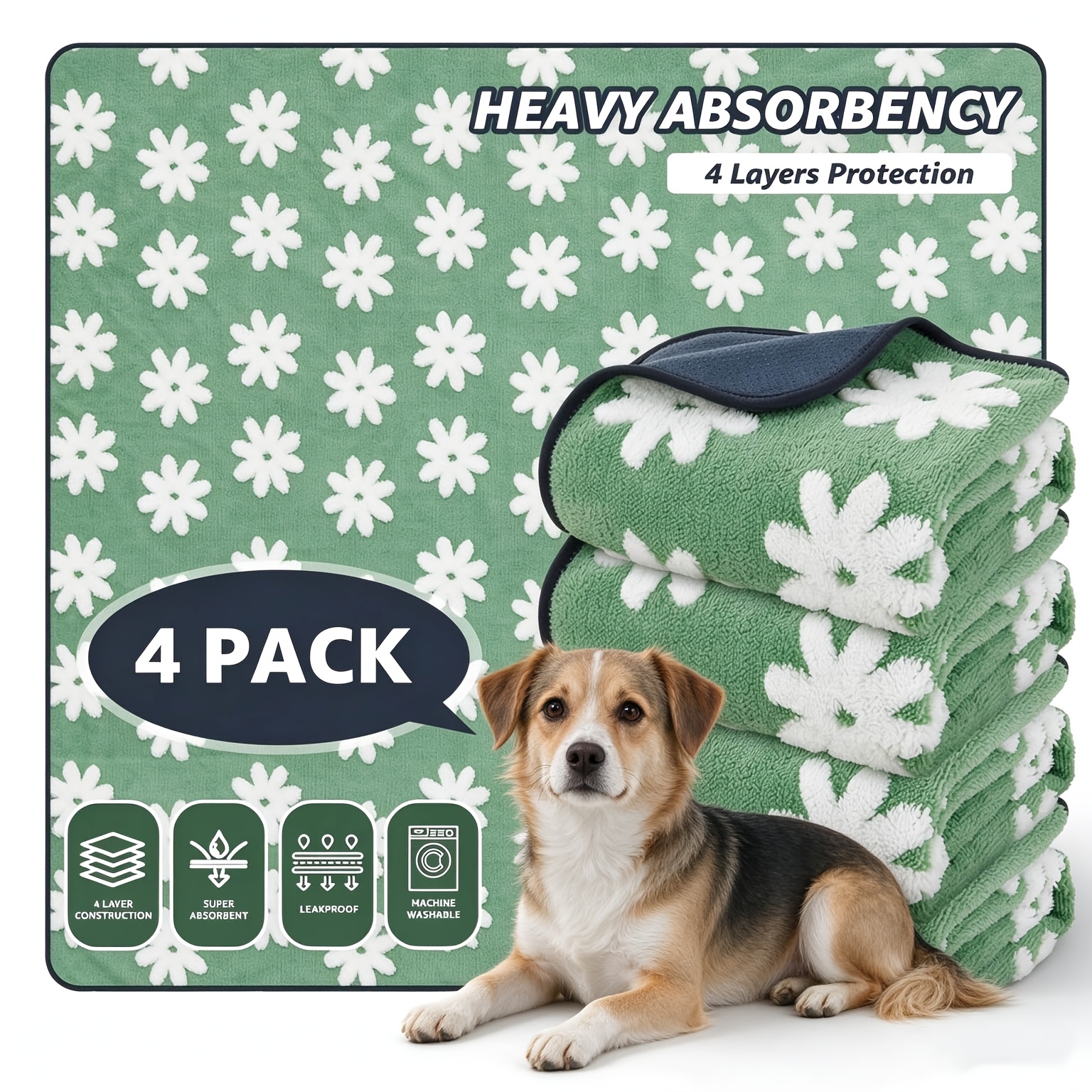 Image of 4 Pack Washable Reusable Puppy Training Mats, 4-layer Heavy Absorbent Leakproof Non-slip Dog Pee Pads For Puppy Run, Sofa, Car Travel
