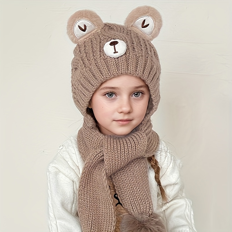 1pc Girls' Winter Hat Scarf Combo Cute Bear Ears, Thick Warm Knit  Beanie with Heart Cutouts, Soft Stretchy Fit for 8-12 Years, Spring/summer