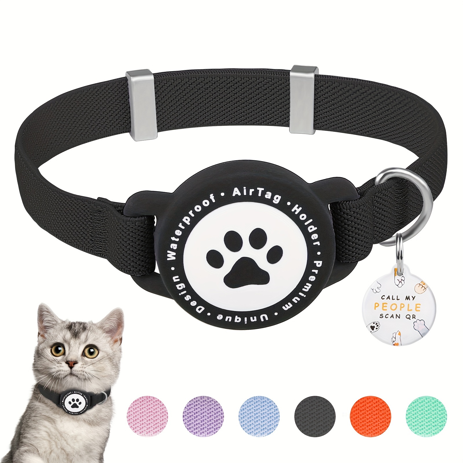 

Pet Collar With Airtag Holder, Stylish Solid Pattern, Lightweight Polyester, Comfortable , With Qr Id Tag And Bells, For Kittens & Small Dogs (7.5-12.5 Inches), Multiple Colors, , Accessory