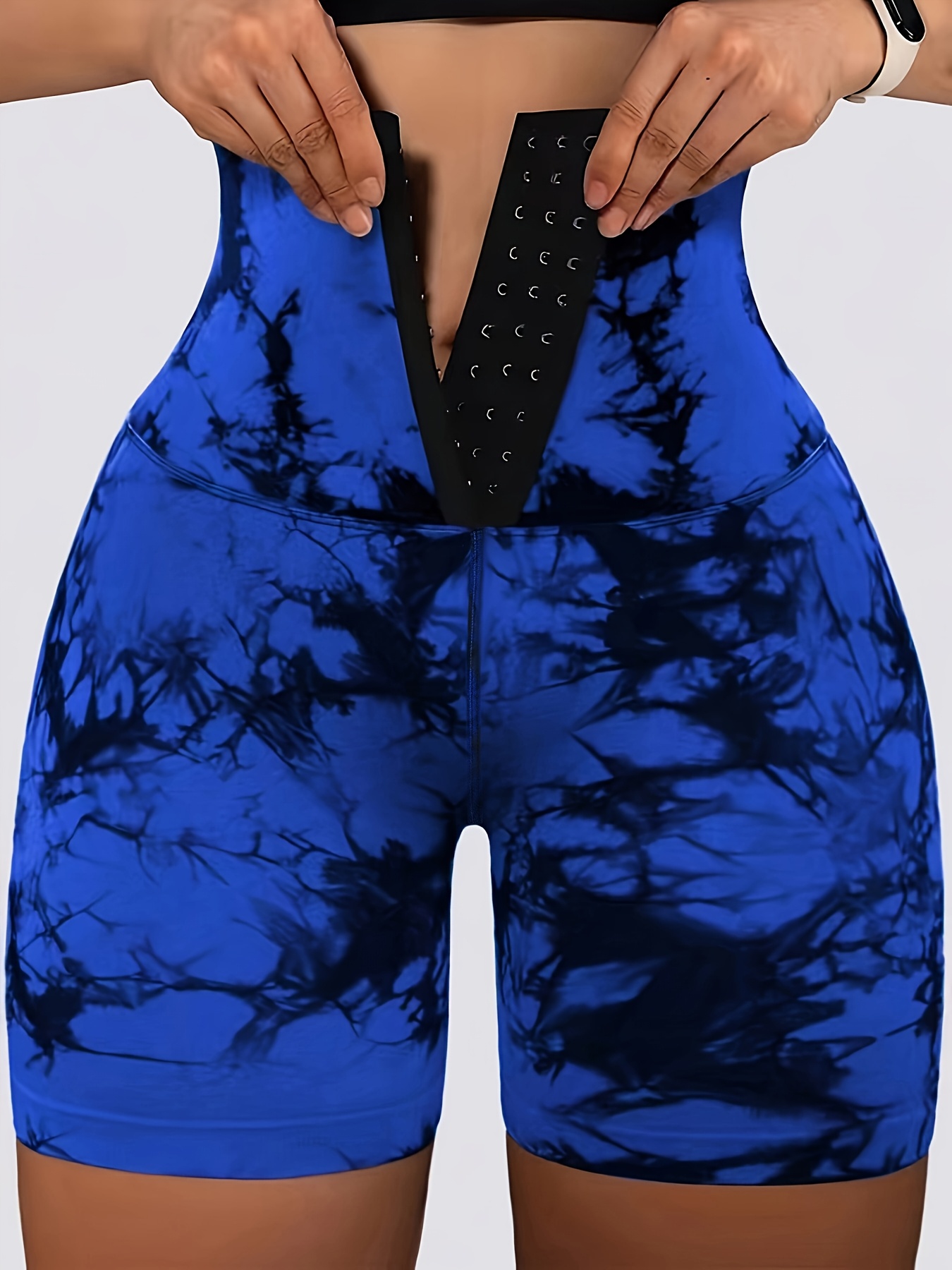 Women's High-Waist Tummy Control Shorts with Double-Breasted Closure, Print Design, Stretchy & Lifting, Blue Marbled Pattern, Front Pockets, Casual Style, Everyday Fashion | Highwaist Leggings | Stretchy Fabric, High Waisted Shorts