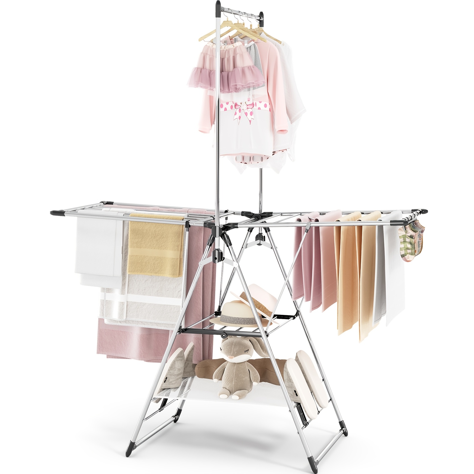 TEMU 1pc Toolf 3-level Metal Clothes Drying Rack With High Hanger, Foldable Freestanding Laundry Stand With Shoe Rack, Adjustable And Vertical Rod, , Drying Racks